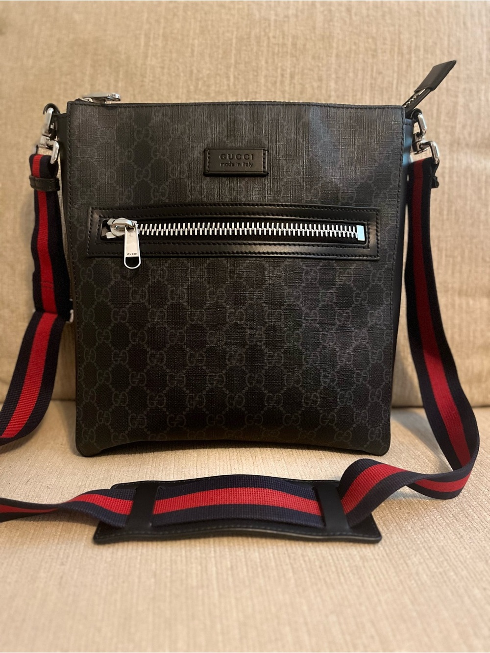 Gucci Black GG Supreme Messenger Bag with Red and Blue Web Strap